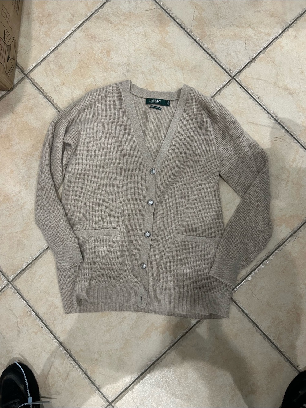 Lauren Ralph Lauren cashmere washable Neutral Beige V-Neck Button Cardigan
